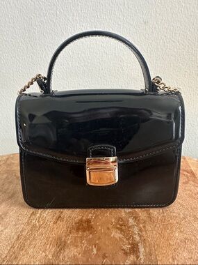 Black Patent Top-Handle Bag with Gold Hardware